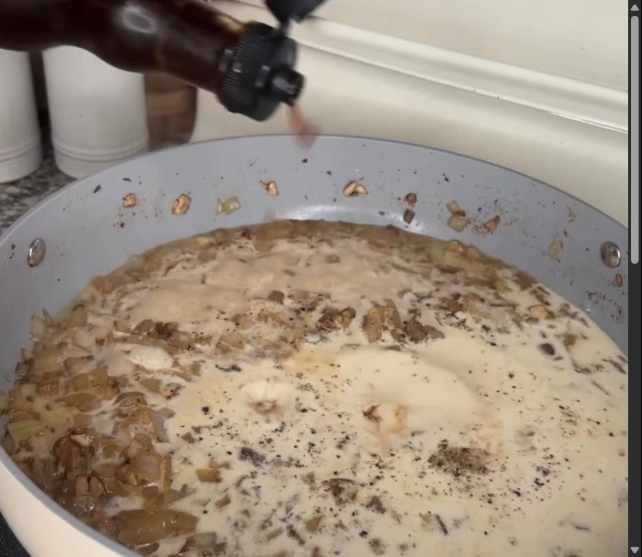 Step 1.1: Add beef broth, heavy cream, salt, pepper, Worcestershire sauce, and Dijon mustard to the pan and stir to combine