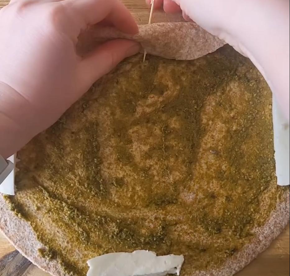 Step 1.1: Fold over the wrap and secure with a cocktail stick