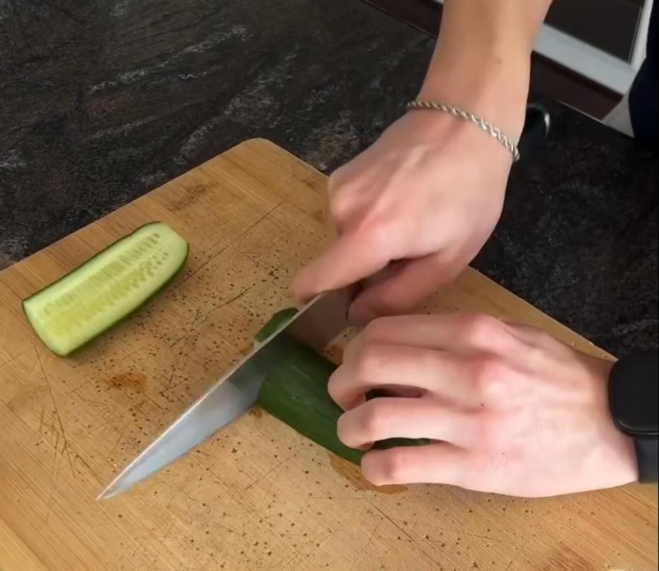 Step 1.1: Dice the cucumber, separate the spring onion whites and greens, prepare the edamame beans and slice the avocado