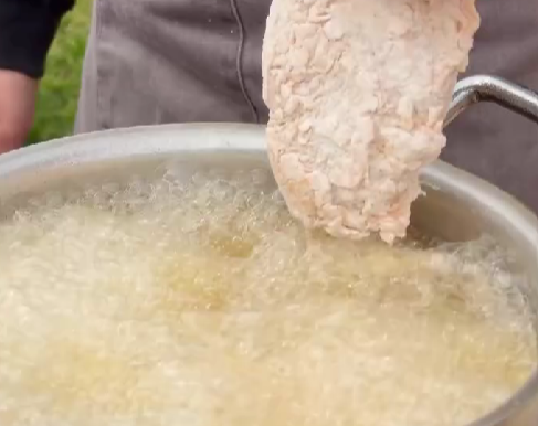 Step 2.1: Fry the chicken in hot oil at 180°C until golden and crispy