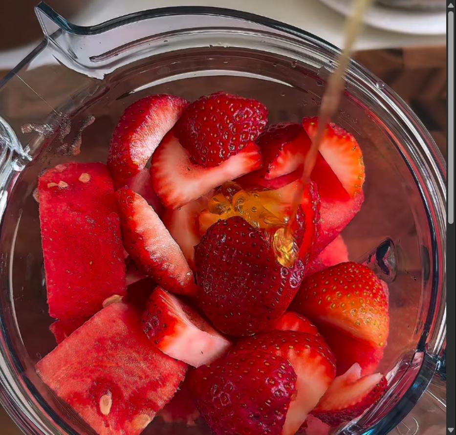 Step 1.1: Add watermelon, fresh strawberries, coconut yogurt, honey, sea salt, and lime juice into a blender and blitz for about 10 seconds until smooth