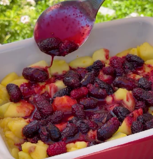 Step 3.1: Layer the cooked apples and mulberries in a baking dish