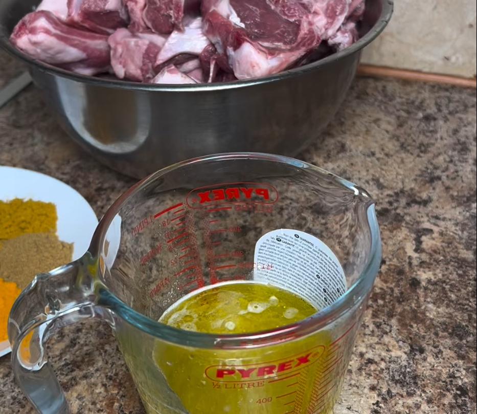 Step 1.1: Mix the meat tenderiser dissolved in water, olive oil, lemon juice, garlic paste, ginger paste, salt, pepper, cumin, dried coriander, turmeric, chili powder, curry powder, and garam masala well