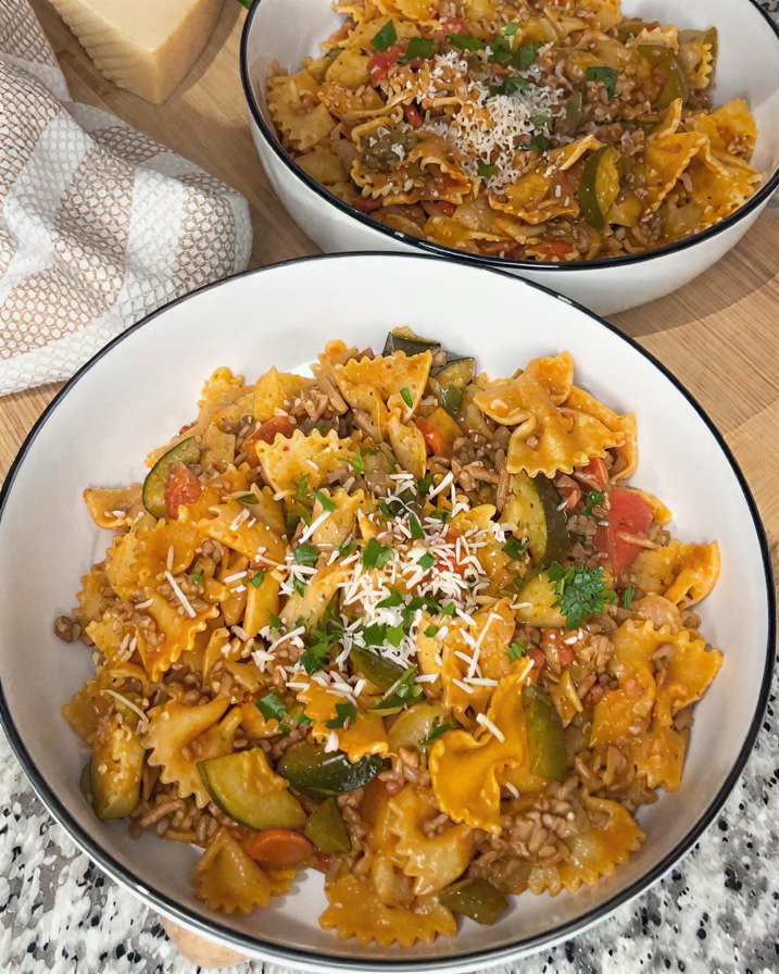 One-Pan Ground Beef & Veggie Bowtie Pasta recipe