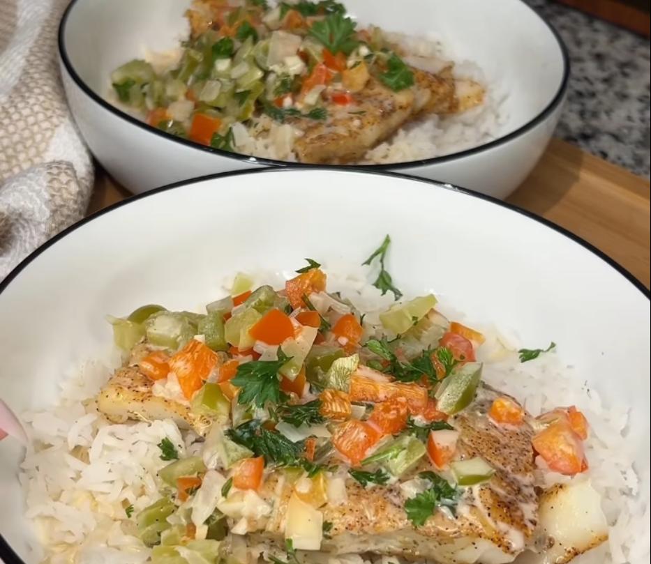 Step 3.1: Serve the cod over rice, topped with the creamy Cajun sauce