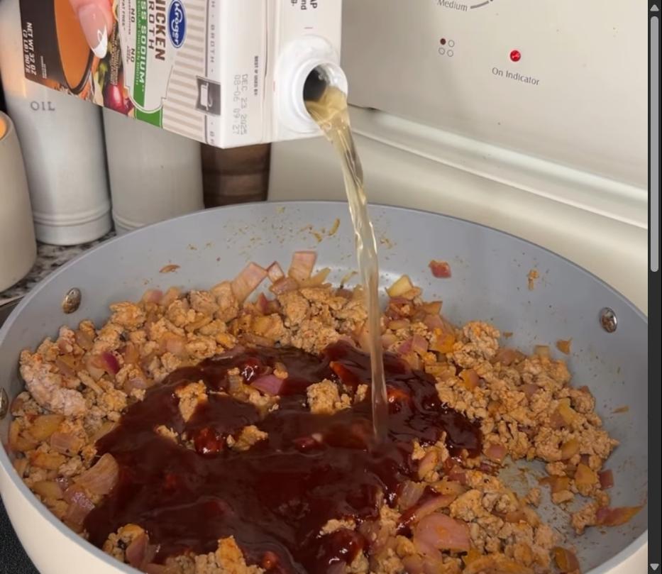 Step 1.1: Stir in bbq sauce, chicken broth, and tomato paste, and heat through until the mixture is saucy and bubbling