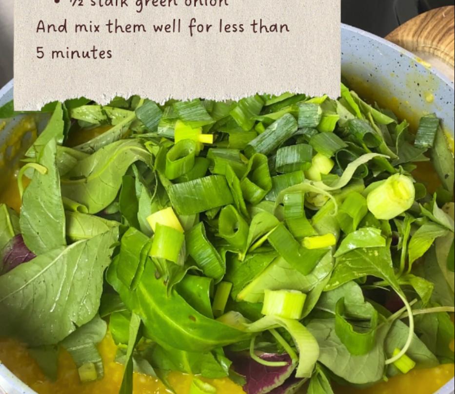 Step 1.1: Add spinach, morning glory, lemon basil, and green onion