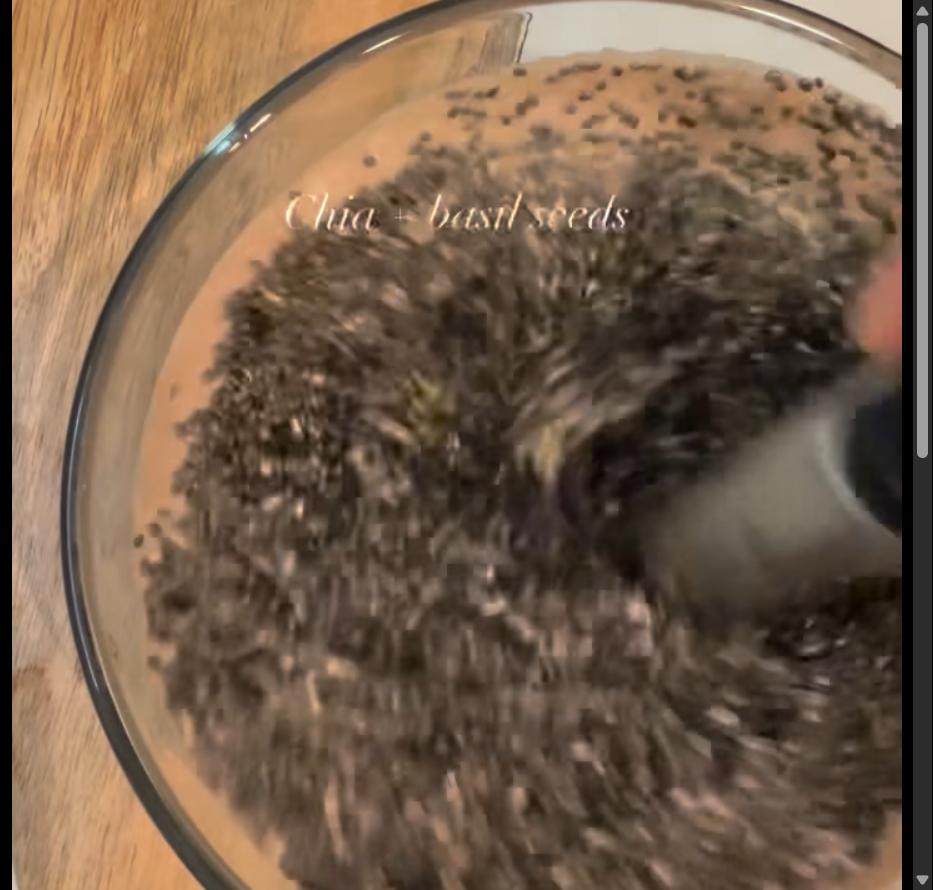 Step 1.1: Pour the mixture into a glass container and top with chia seeds and basil seeds