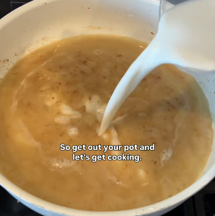 Step 1.1: Pour in the chicken stock, milk, and heavy cream