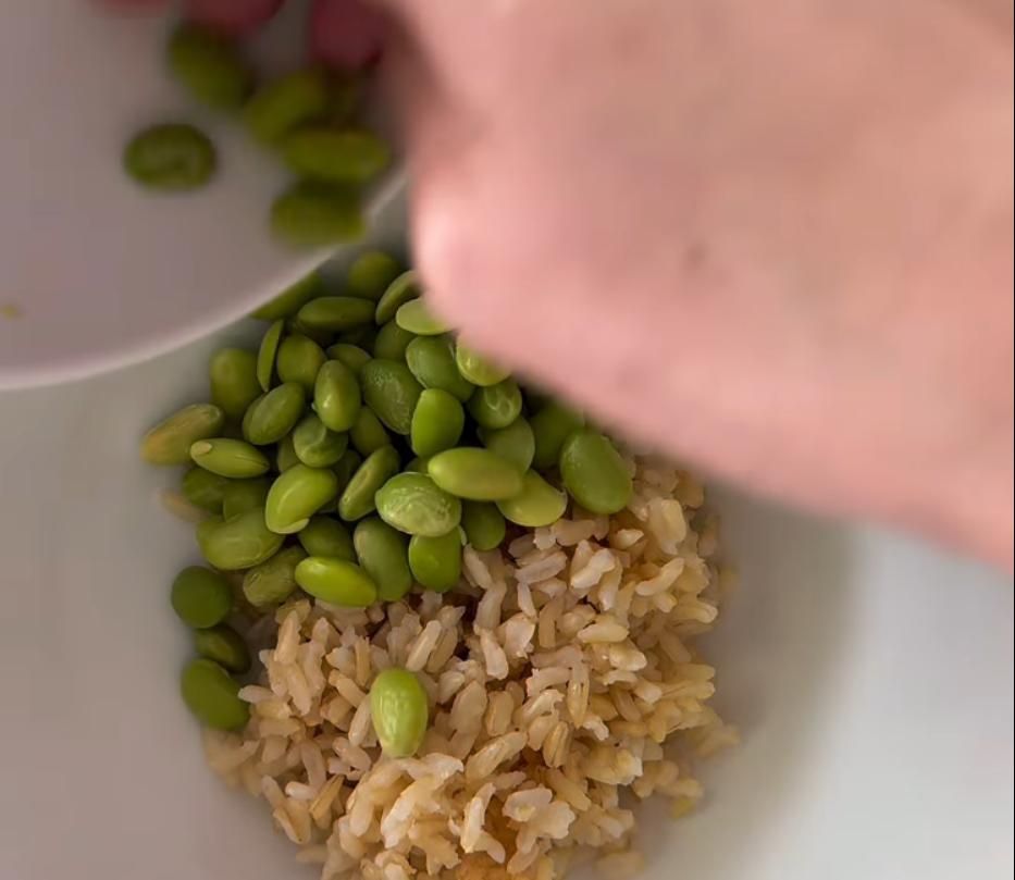 Step 1.1: Assemble the bowl with cooked brown rice, broccoli, avocado, edamame, and tofu