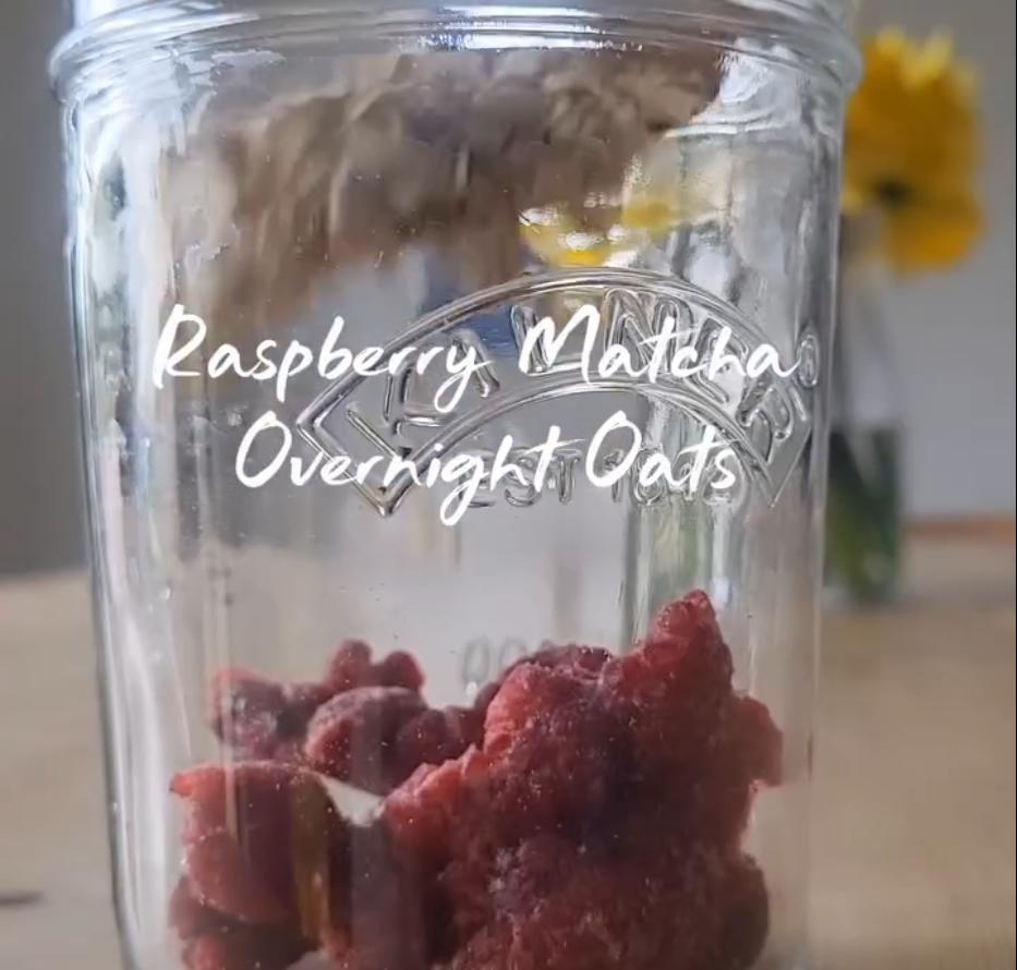 Step 1.1: Add a handful of frozen raspberries, oats, and chia seeds to a jar