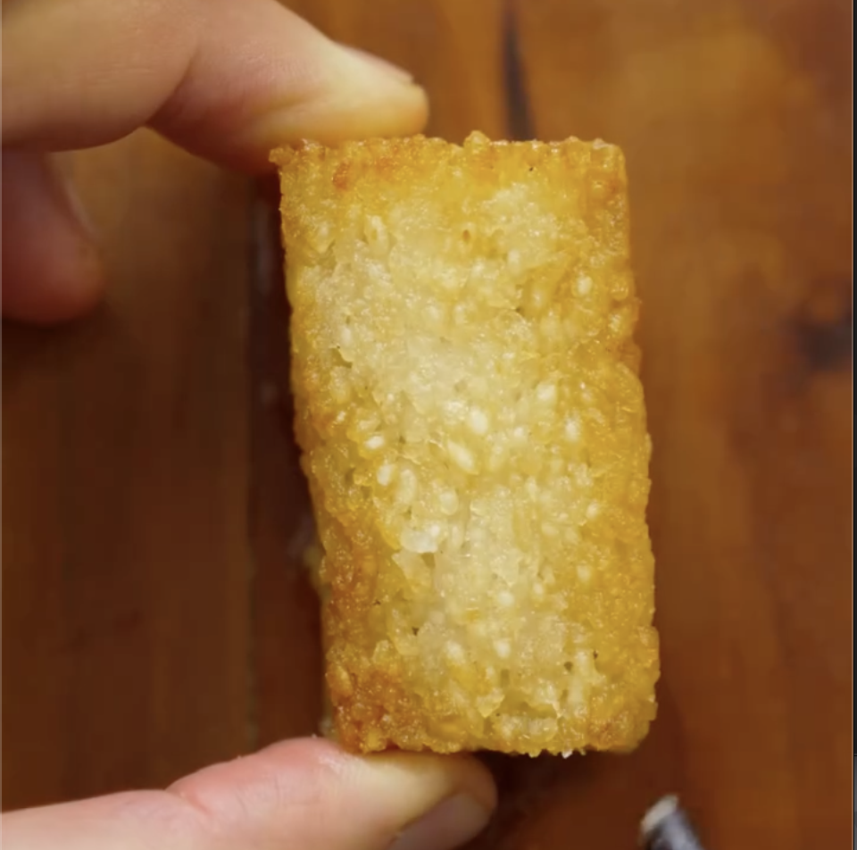 Step 2.1: Fry the rice pieces until golden brown and crispy on all sides