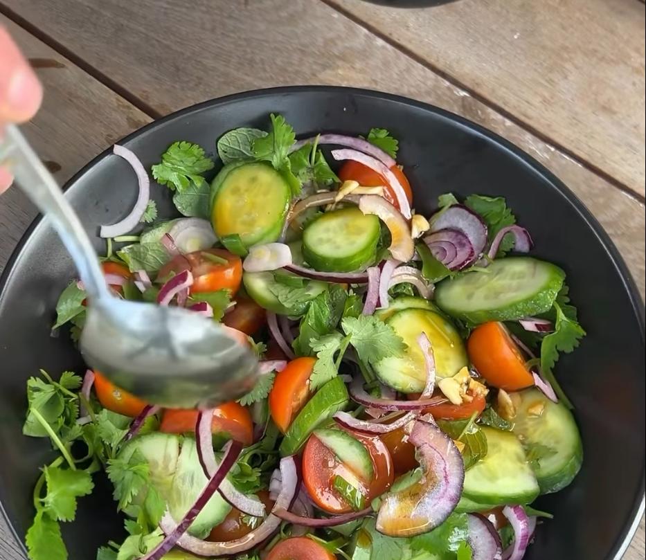 Step 1.1: Combine the salad vegetables and herbs in a bowl