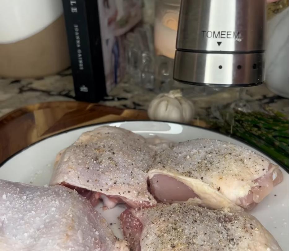 Step 1.1: Season both sides of chicken thighs with salt, pepper, thyme, and parsley