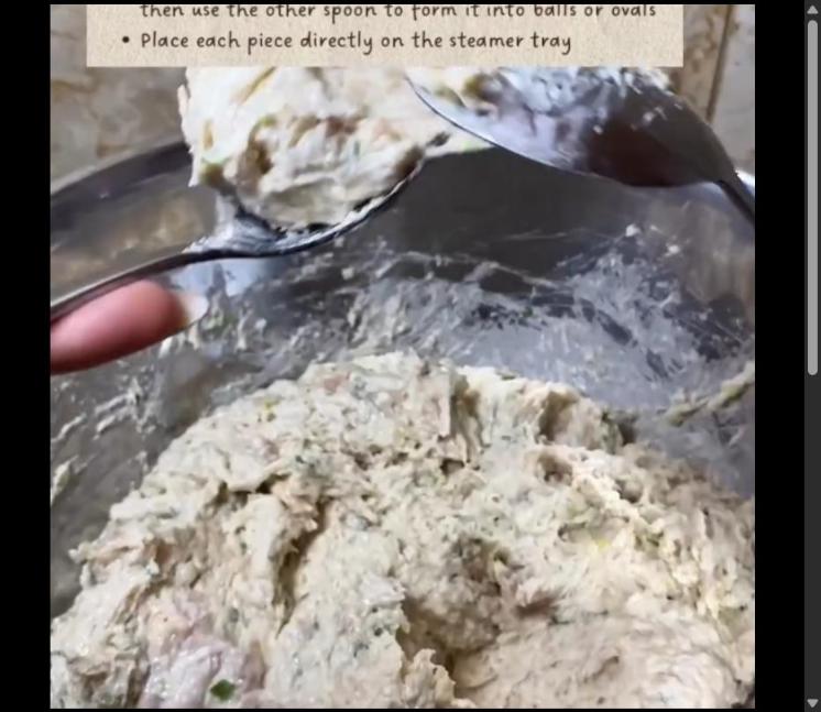 Step 2.1: Use two spoons to shape the siomay: scoop a generous portion of the mixture with one spoon, then use the other spoon to form it into balls or ovals