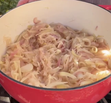 Step 1.1: Add the sliced onions, butter, olive oil, salt, and pepper to a pot