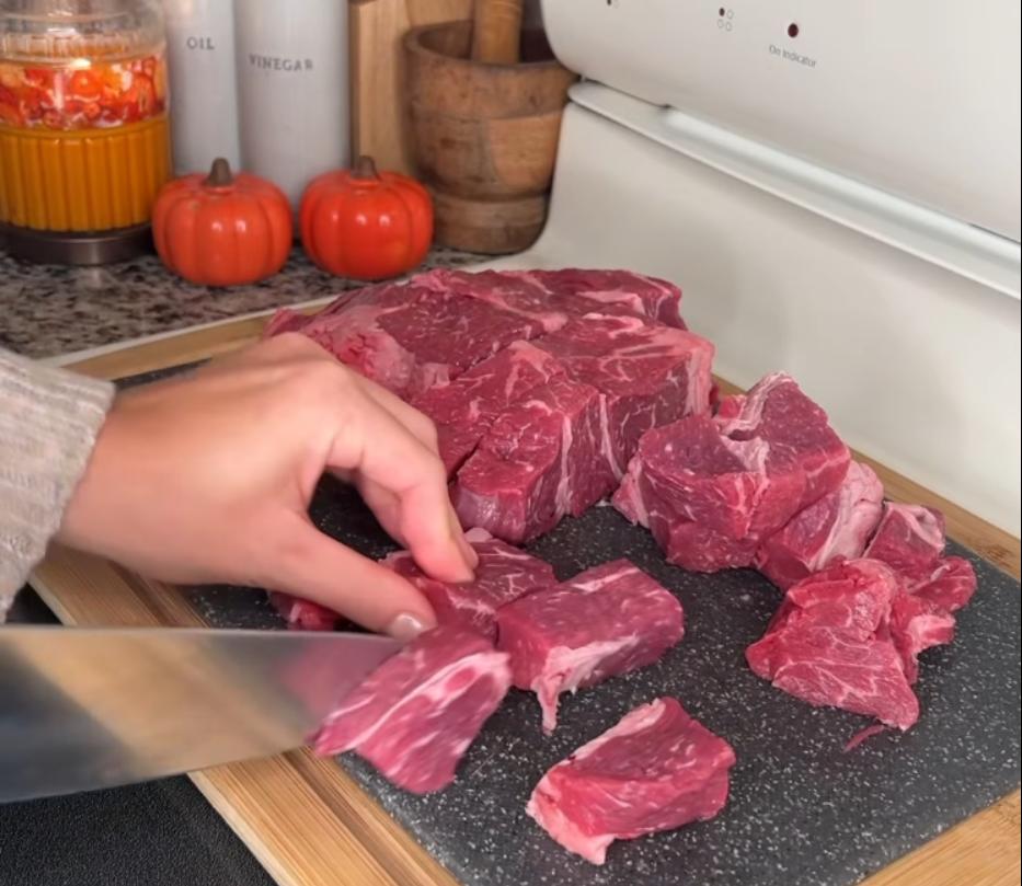 Step 1.1: Cut beef chuck roast into smaller chunks and place in a large bowl