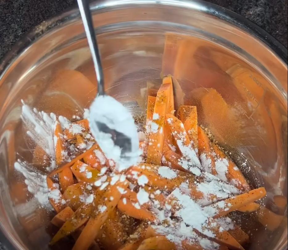 Step 2.1: Cut sweet potato into fries and toss with avocado oil, garlic steak seasoning, and cornstarch