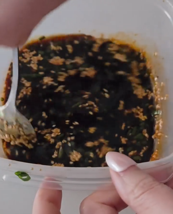 Step 1.1: Mix warm water, brown sugar, rice vinegar, soy sauce, ginger, chilli oil, and sesame seeds in a container