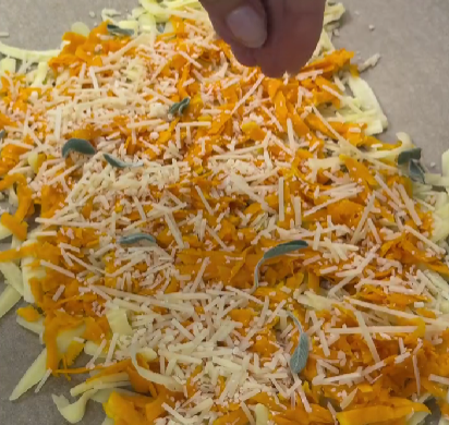 Step 1.1: Spread the mozzarella, grated butternut squash, Parmesan, and chopped sage into a thin rectangle