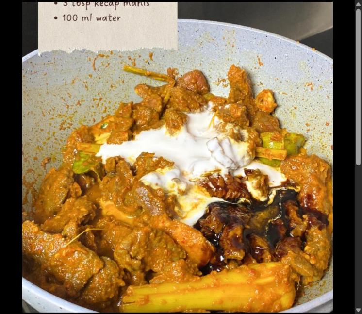 Step 6.1: Once the beef is cooked, add the coconut cream, kecap manis, and water