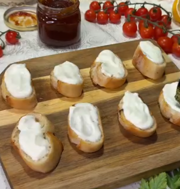 Step 3.1: Layer toppings in order: whipped ricotta, then basil pesto, and finally tomato jam