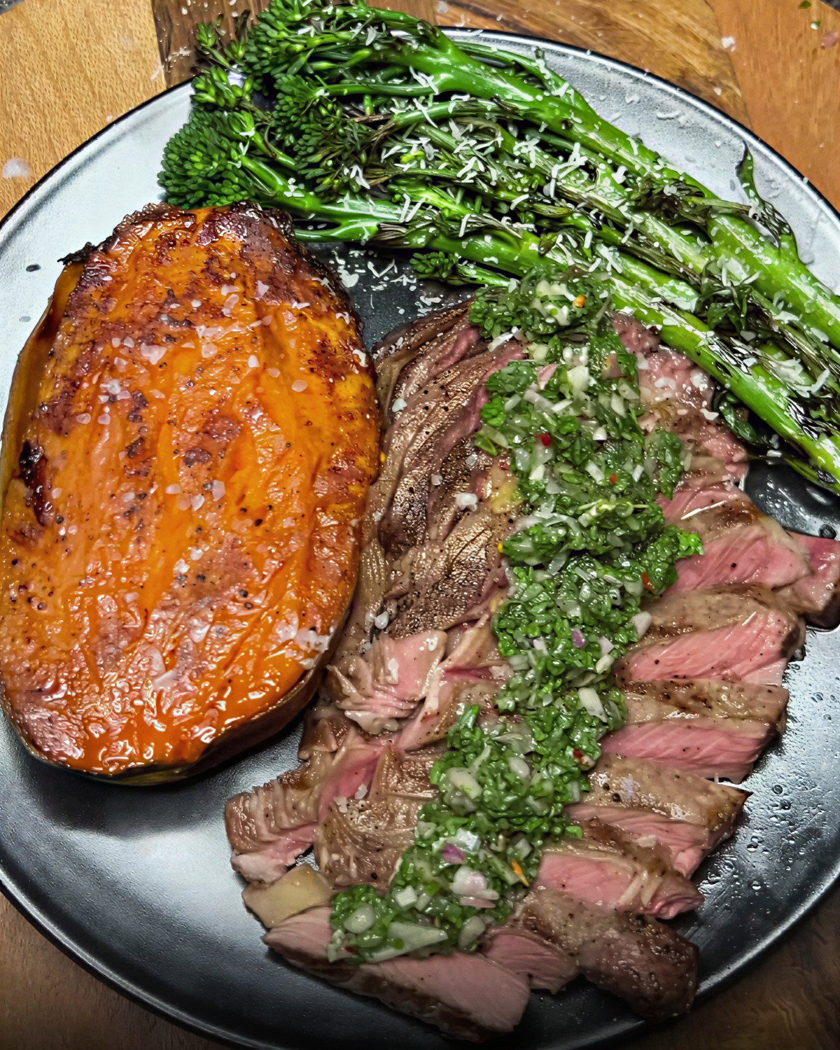 Caramelised Baked Sweet Potato, Steak with Chimichurri & Charred Broccolini recipe