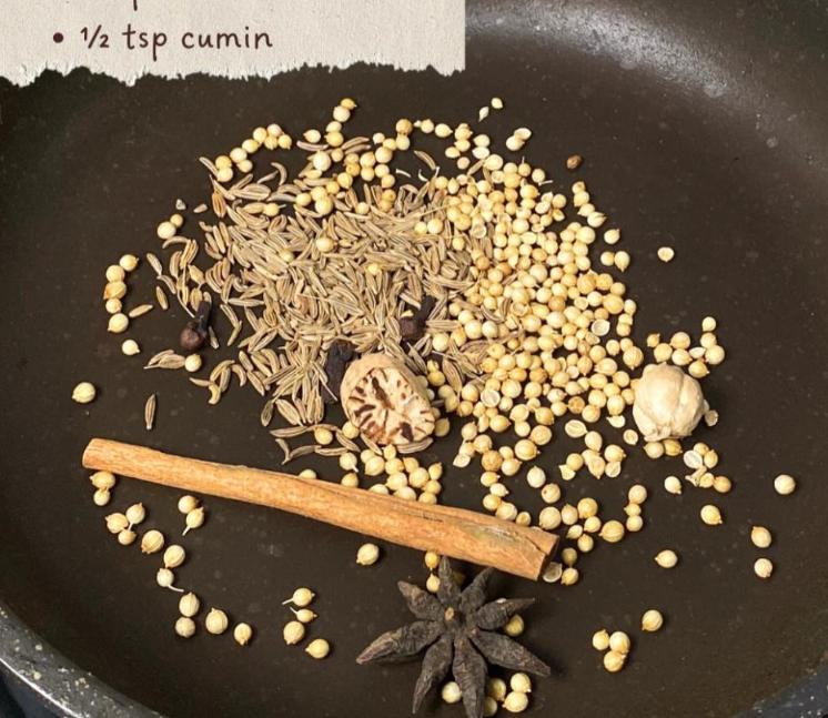 Step 1.1: Toast the spices (cinnamon, nutmeg, cardamom, cloves, star anise, coriander seeds, cumin) until fragrant