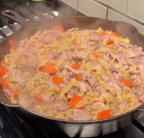 Step 4.1: Pour in chicken broth and add egg noodles and optional thyme