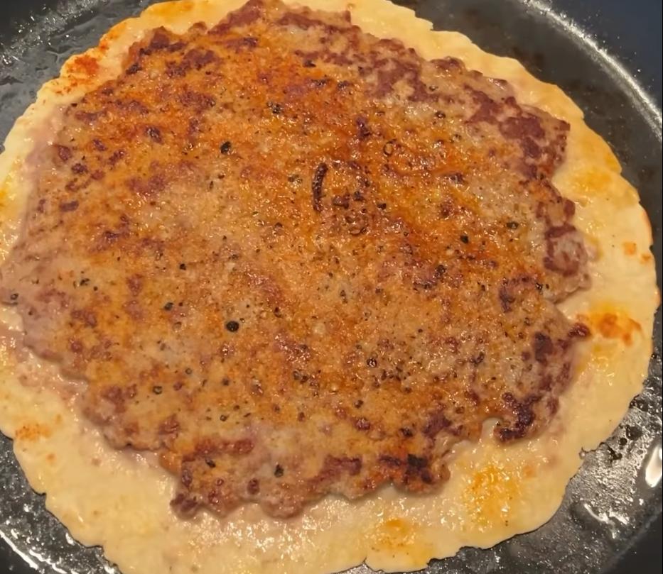 Step 1.1: Spray a pan with olive oil over medium-high heat and cook the wrap meat-side down until the beef is browned and the wrap is crispy