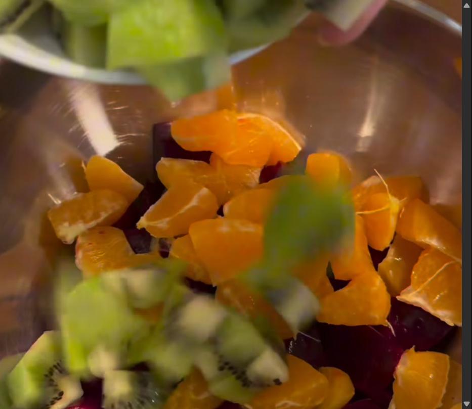 Step 3.1: Combine the diced beets, mandarin orange segments, diced kiwis, and chopped mint leaves in a large bowl