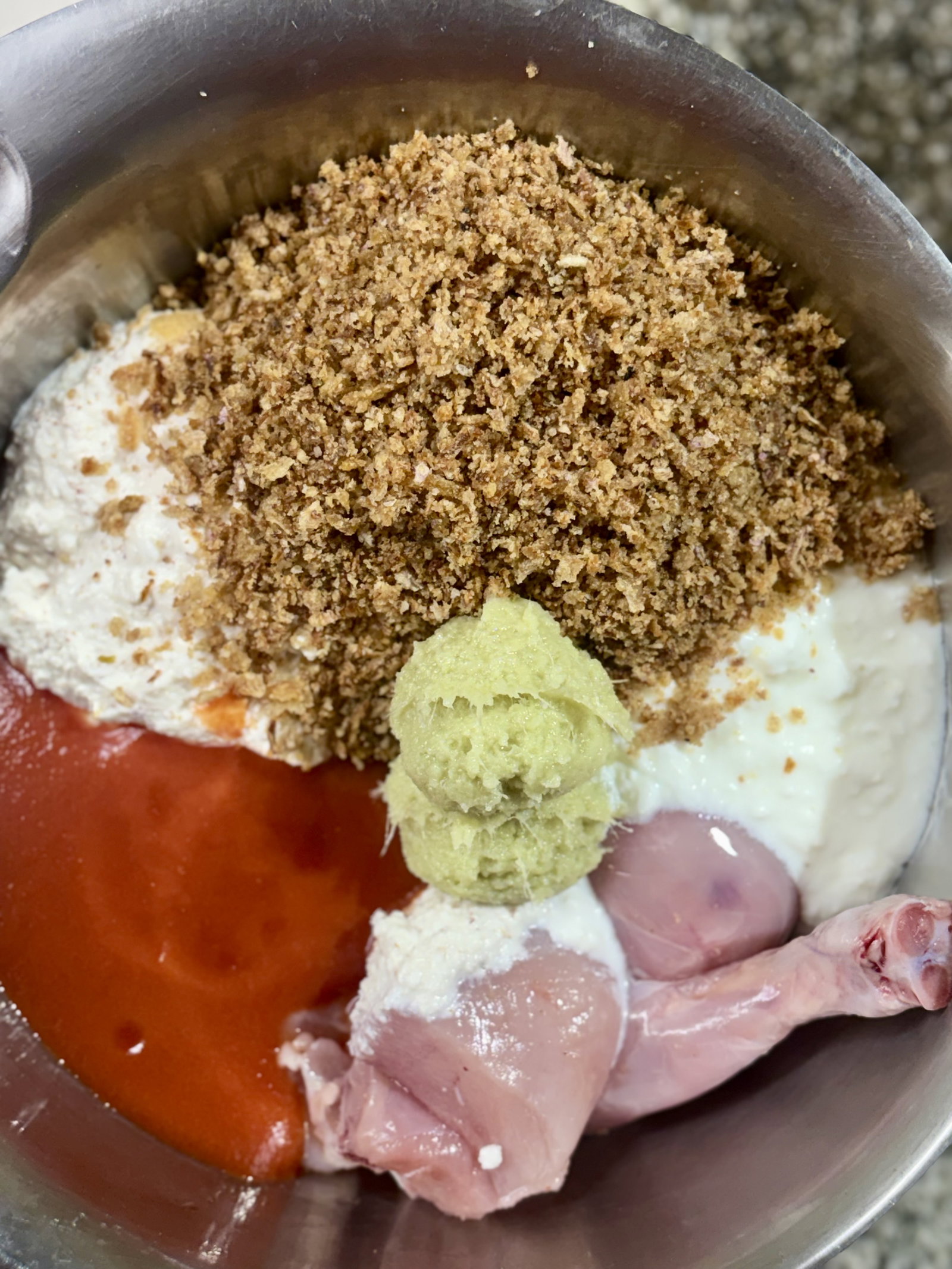 Step 2.1: In a large mixing bowl, combine the chicken pieces with the prepared nut paste and all ‘Marination’ ingredients