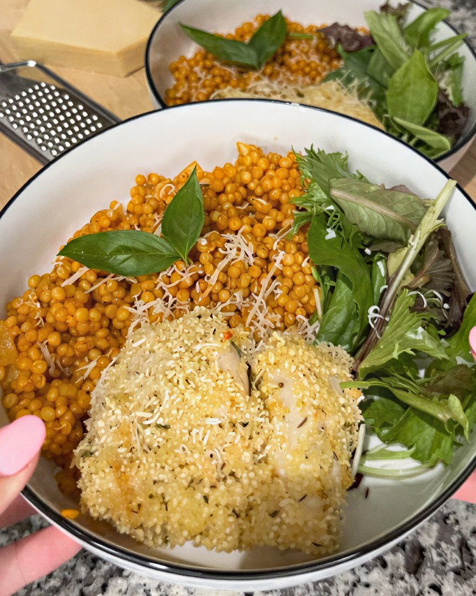 Panko Crusted Cod with Tomato Basil Couscous and Fresh Greens recipe