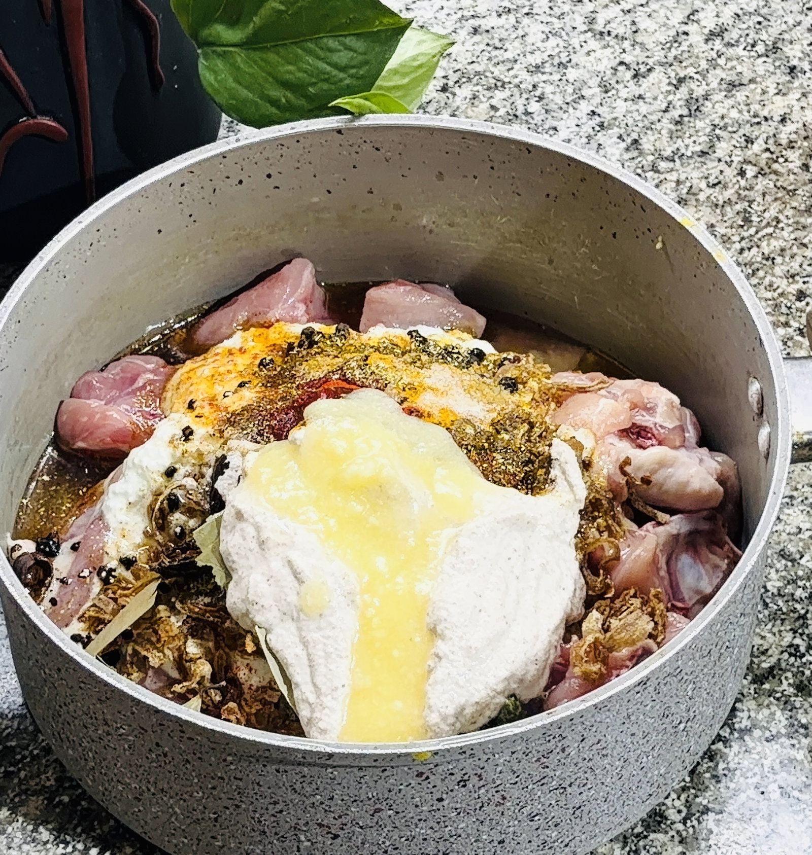 Step 2.1: In a heavy-bottomed pot, combine the chicken with the almond paste and all ingredients listed under 'Marinade' and 'Whole Spices'