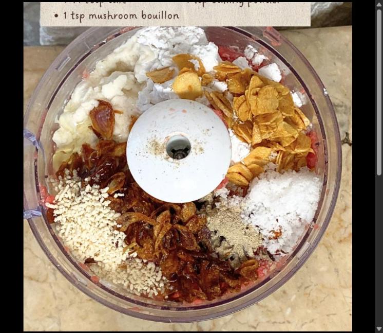 Step 1.1: Add the tapioca, fried shallots and garlic, salt, mushroom bouillon, egg white, white pepper, and baking powder to the beef mixture, then blend into a smooth mixture