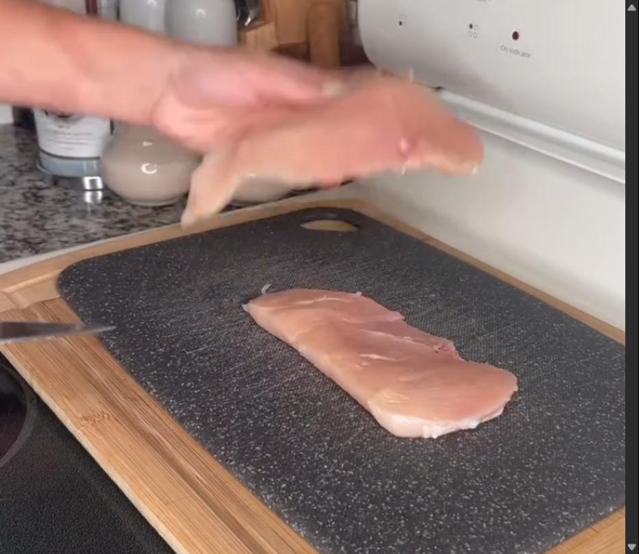 Step 1.1: Slice chicken breasts in half, lengthwise