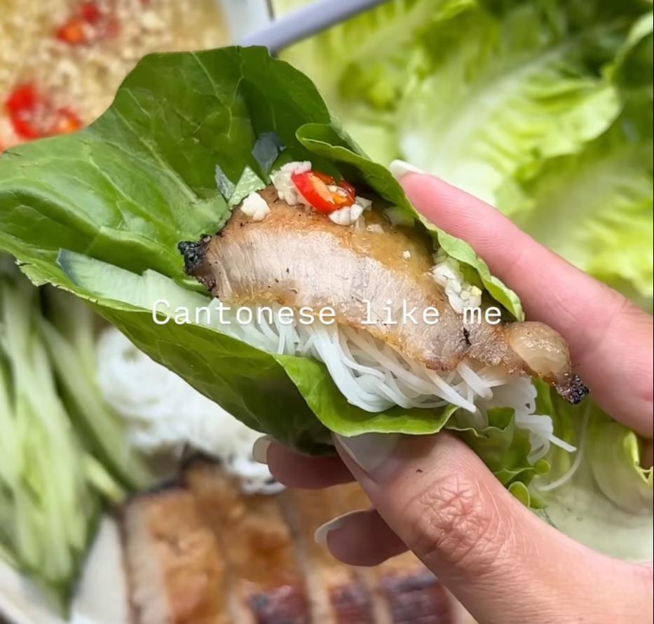 Step 1.1: Assemble with lettuce, cucumber, and the pork jowl, then spoon the dressing over the top