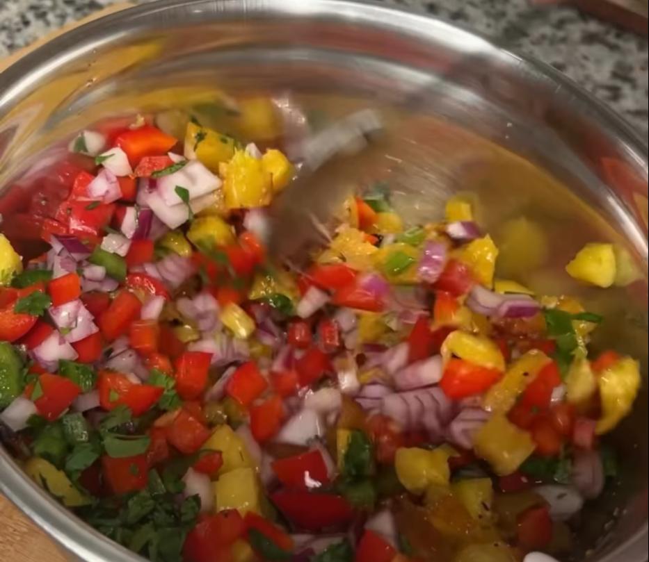 Step 3.1: Combine red onion, red bell pepper, jalapeno, cilantro, grilled pineapple, juice of lime, and salt in a large bowl and mix well