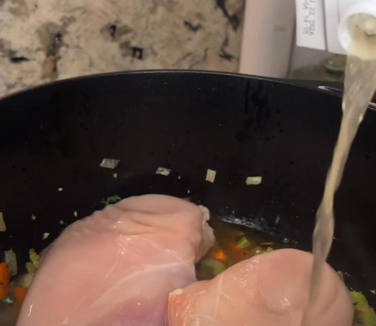 Step 2.1: Place chicken breasts in the pot and pour in chicken broth