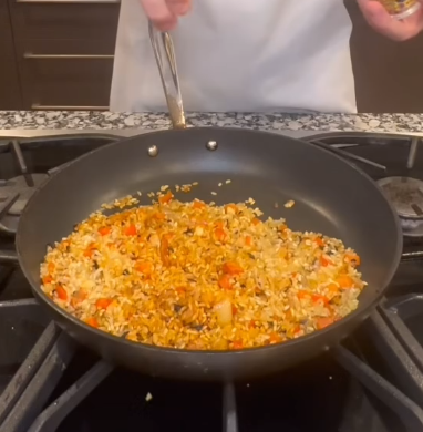 Step 1.1: Add the rice, smoked paprika, turmeric, and saffron to the skillet