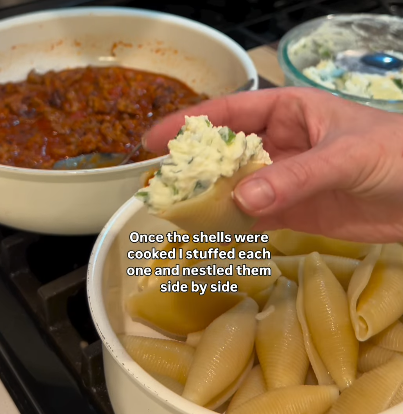 Step 1.1: To assemble the shells, open one up and scoop in one spoonful of the sausage mixture, followed by a spoonful of the cheese filling on top