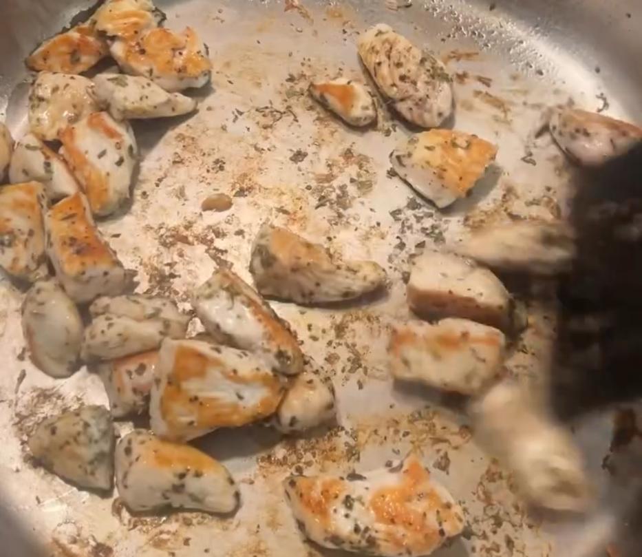 Step 1.1: Pan fry the chicken in olive oil spray until golden and cooked through, then set aside
