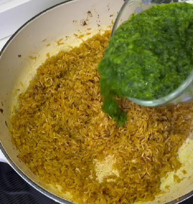 Step 4.1: In the same pan (don’t clean it—flavor lives there), add the rice, blended mixture and sauté for 2–3 minutes to wake everything up