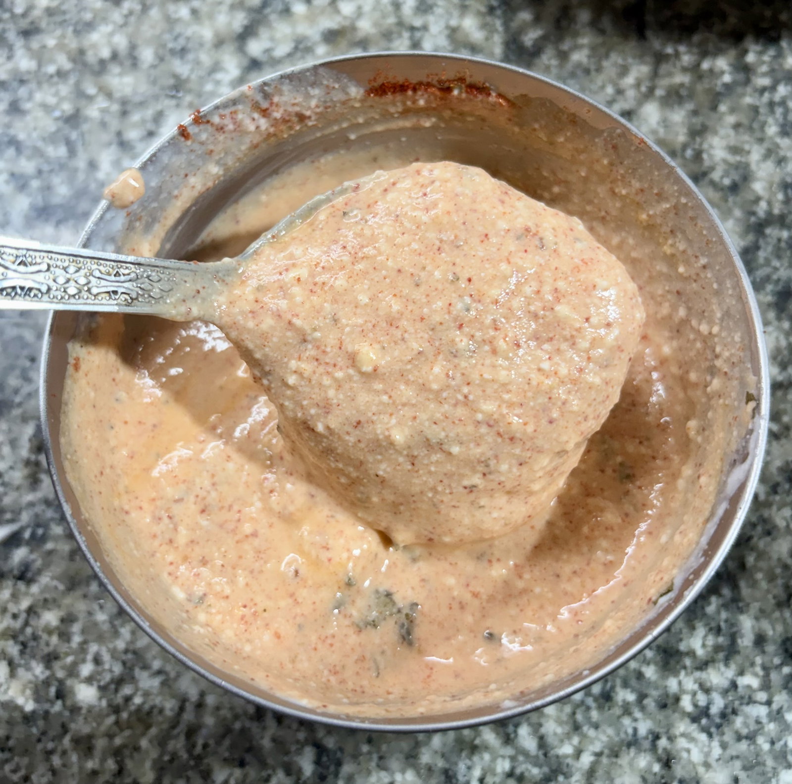 Step 2.1: In a small mixing bowl, whisk the curd together with Kashmiri chilli powder, coriander powder, crushed kasuri methi, and salt