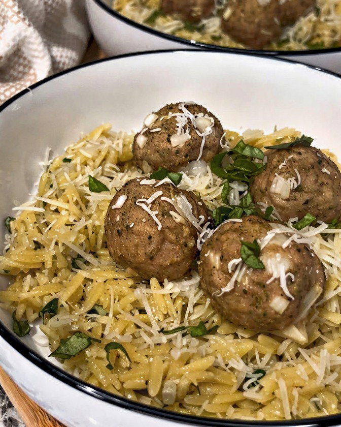 Baked Turkey Meatballs with Creamy Pesto Orzo recipe