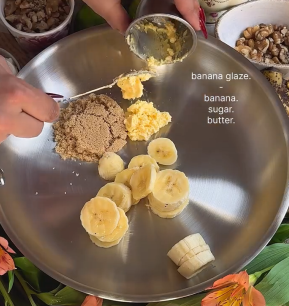Step 2.1: Cook the sliced banana, brown sugar, and butter in a pan over medium heat