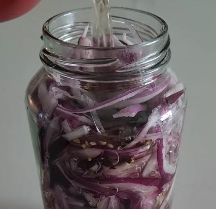 Step 1.1: Once boiled, pour the hot liquid over the onions and press down to ensure they are fully submerged