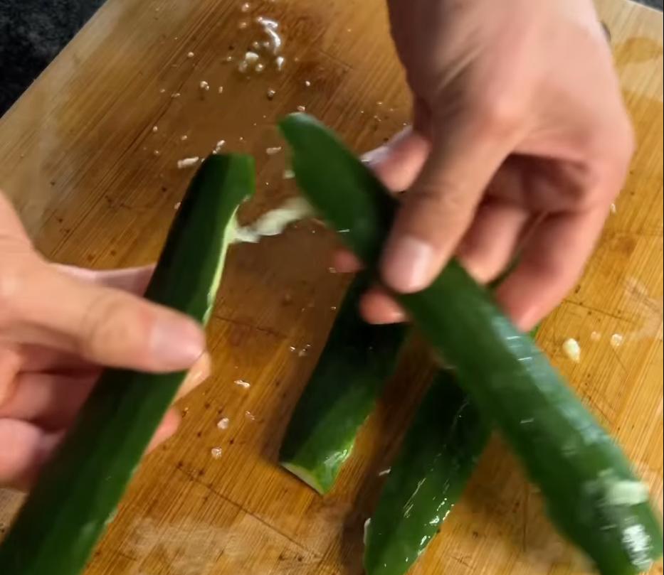 Step 1.1: Slice cucumber in half lengthwise and remove seeds