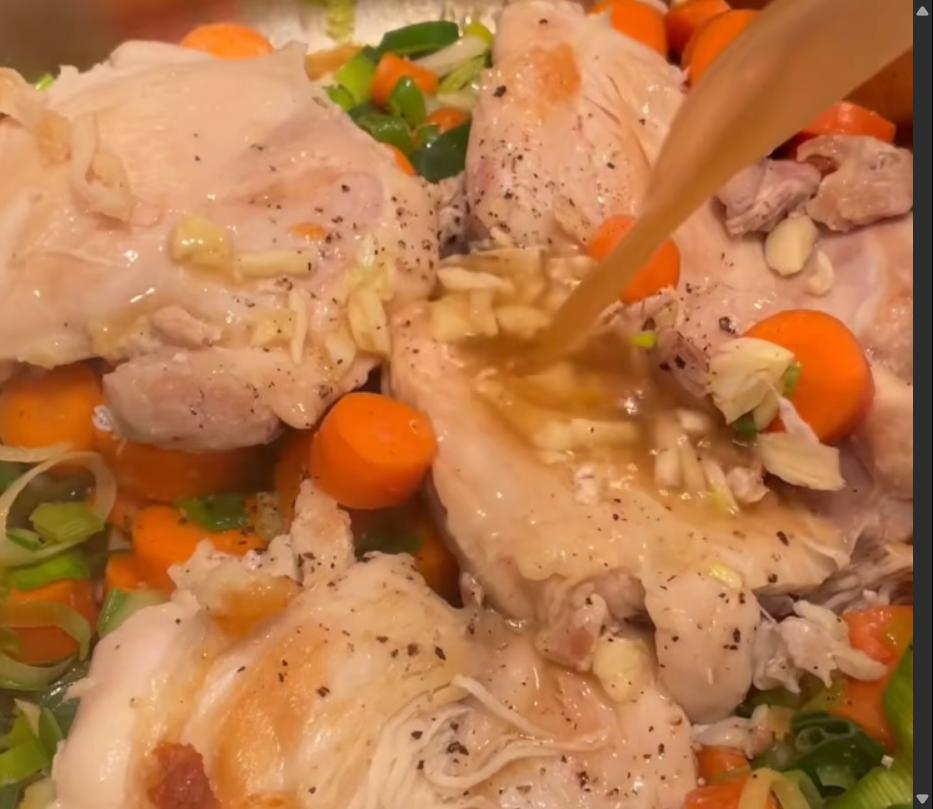 Step 1.1: Add chicken bone broth and water, then bring to a simmer