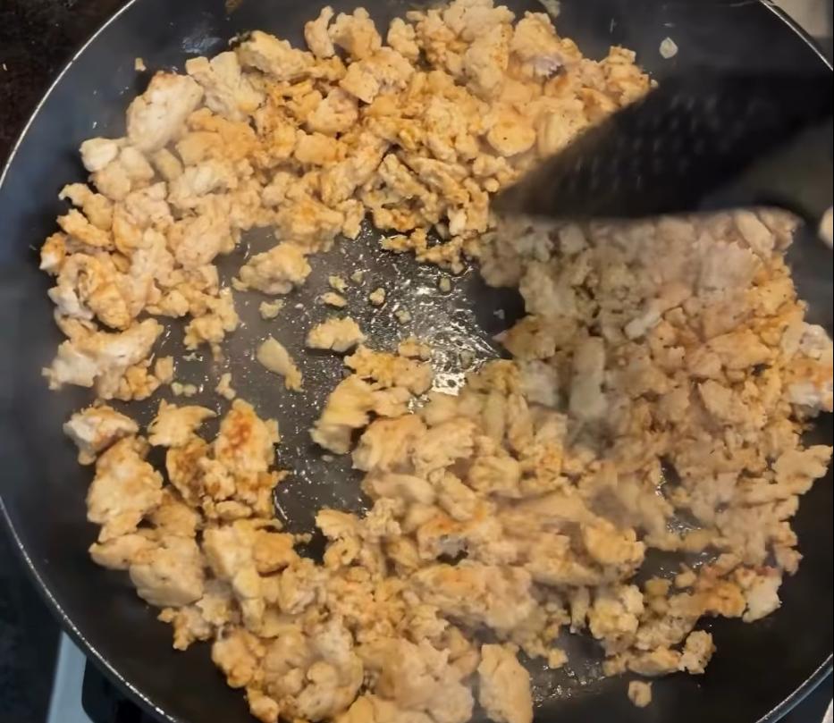 Step 1.1: Cook until golden underneath, then flip and cook through, breaking it into pieces